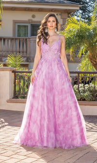 Pink Sheer-Bodice Tie-Dye Long Prom Ball Gown 4320