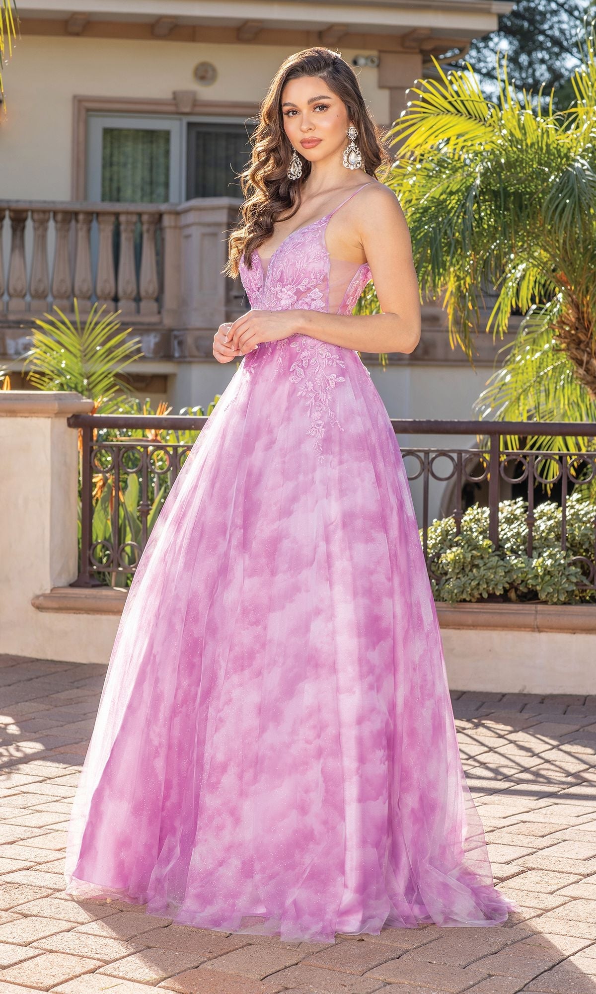Tie Dye Long Prom Ball Gown with Sheer Embroidered Bodice