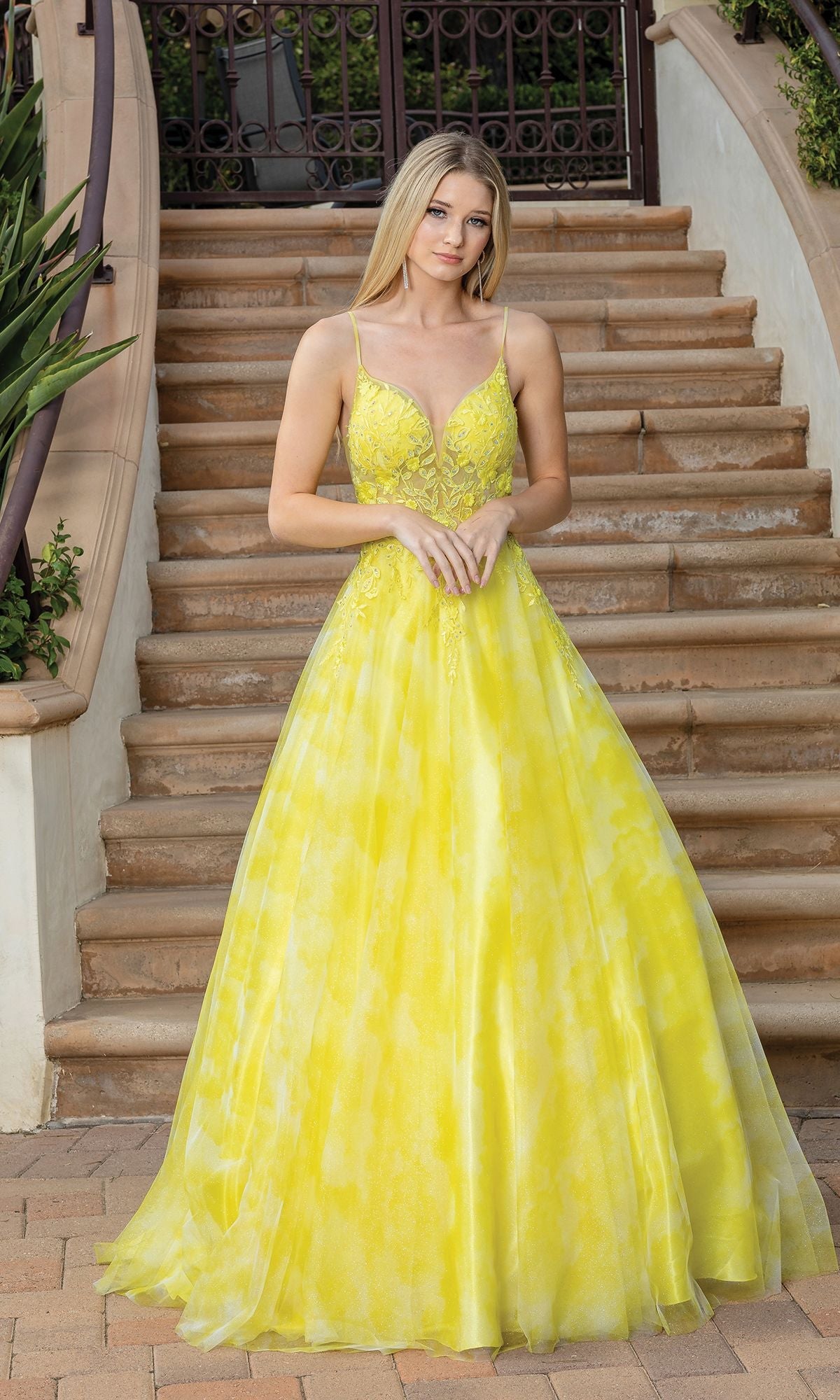 Yellow Sheer-Bodice Tie-Dye Long Prom Ball Gown 4320