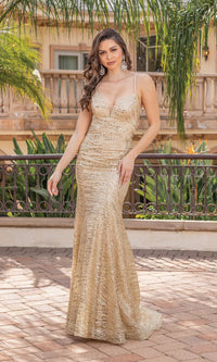 Long Sequin Prom Dress with Strappy Back - PromGirl Gold / XSmall Long Sequin Prom Dress with Strappy Back - PromGirl Gold / XSmall