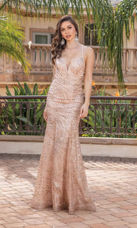 Rose Gold Sequin-Embellished Sleeveless Long Prom Dress 4323