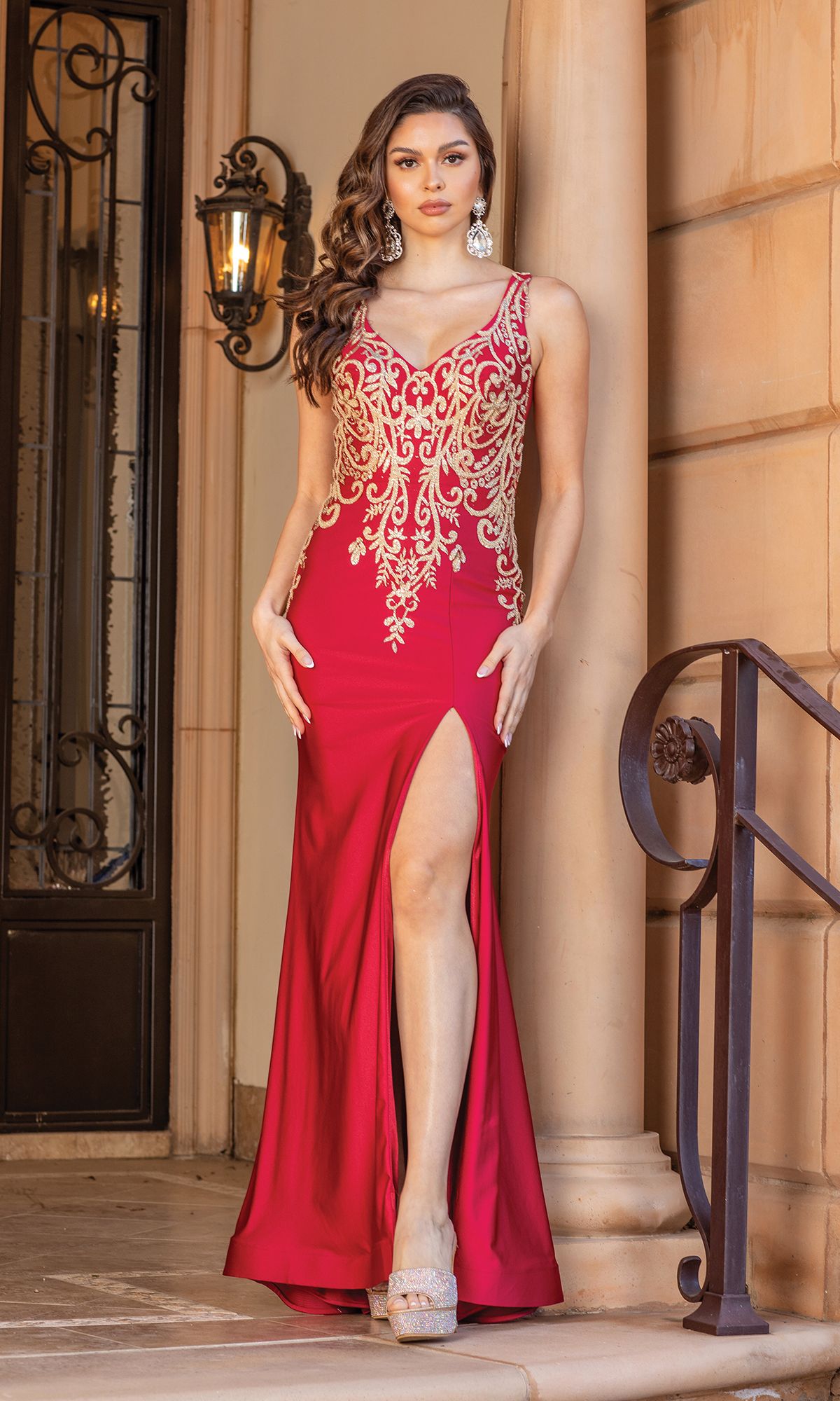 Burgundy Long Prom Dress with Contrasting Embroidery