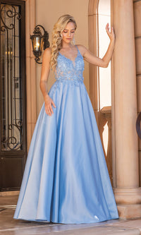 Bahama Blue Sheer Lace-Bodice Long A-Line Prom Dress 4326
