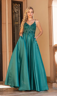 Hunter Green Sheer Lace-Bodice Long A-Line Prom Dress 4326