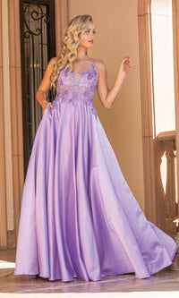 Lilac Sheer Lace-Bodice Long A-Line Prom Dress 4326