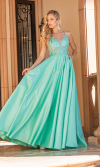 Mint Sheer Lace-Bodice Long A-Line Prom Dress 4326