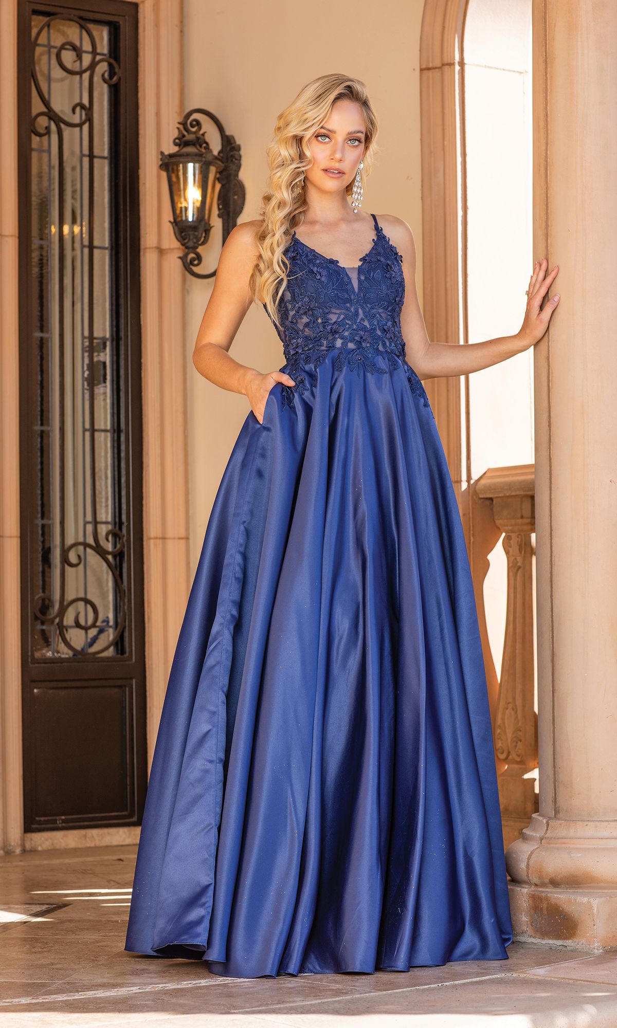 Navy Sheer Lace-Bodice Long A-Line Prom Dress 4326