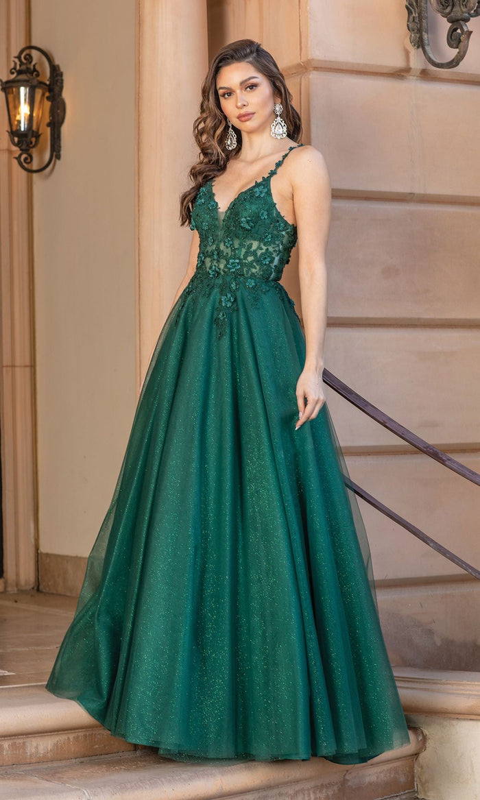 Hunter Green Sheer Corset-Bodice Long Glitter Ball Gown 4328