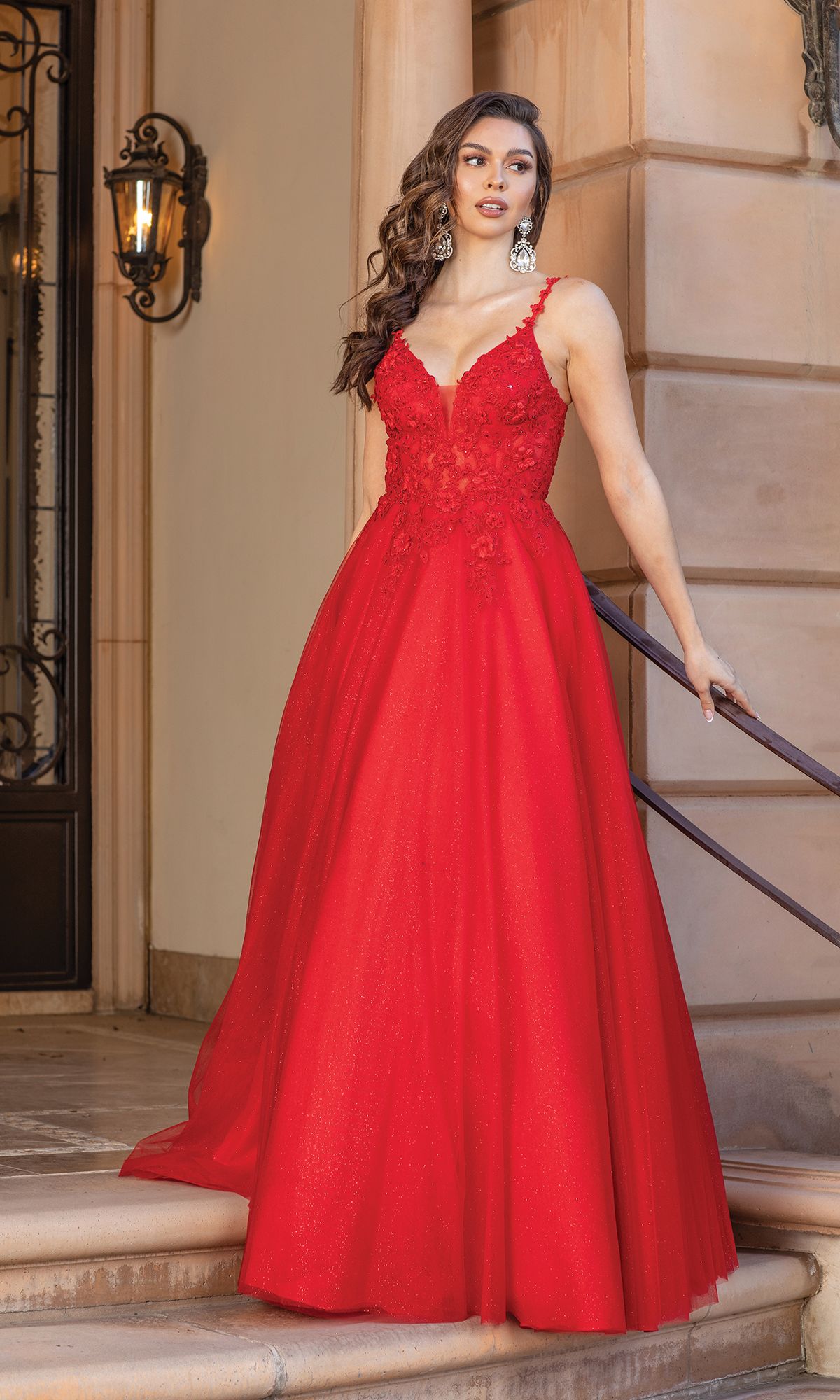 Red Sheer Corset-Bodice Long Glitter Ball Gown 4328