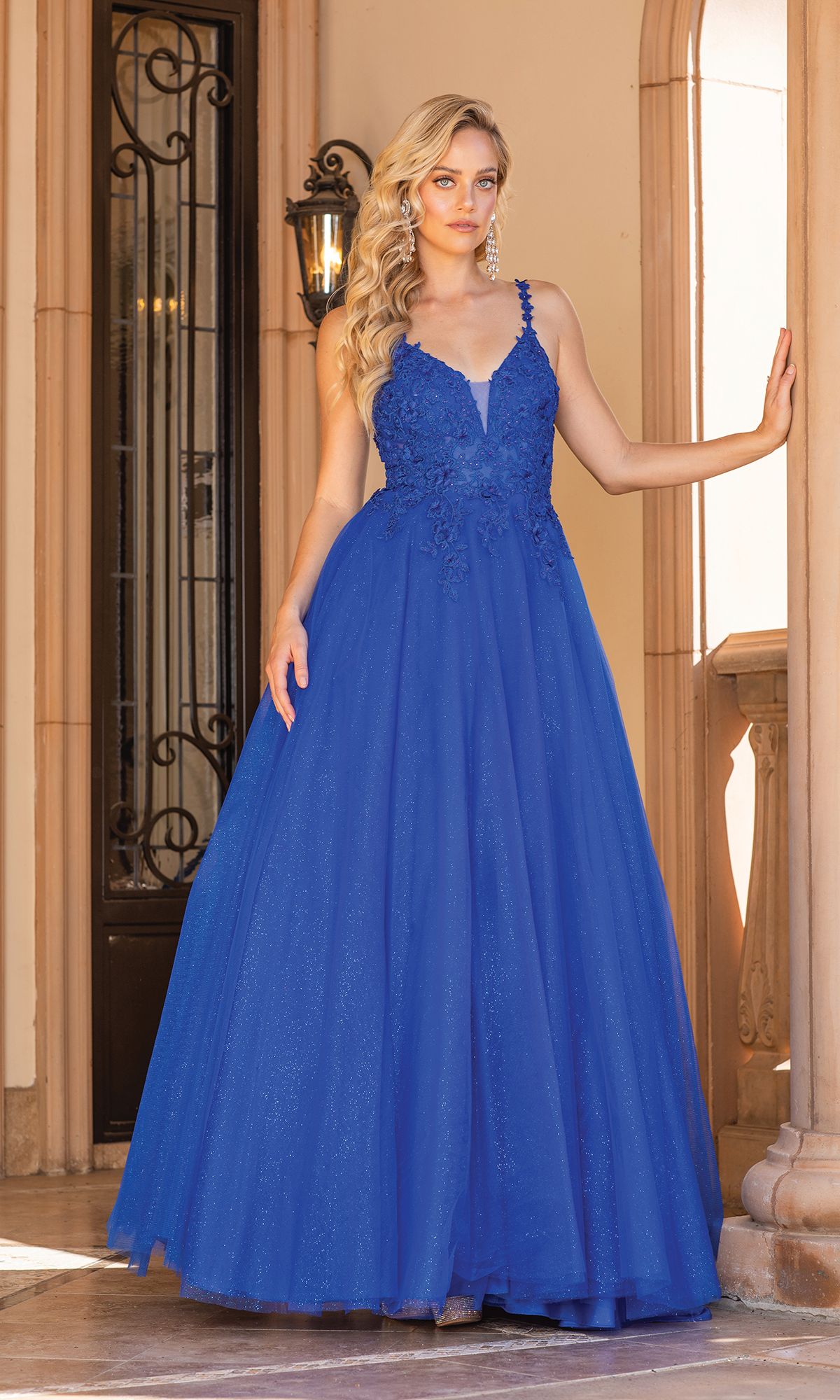 Royal Blue Sheer Corset-Bodice Long Glitter Ball Gown 4328