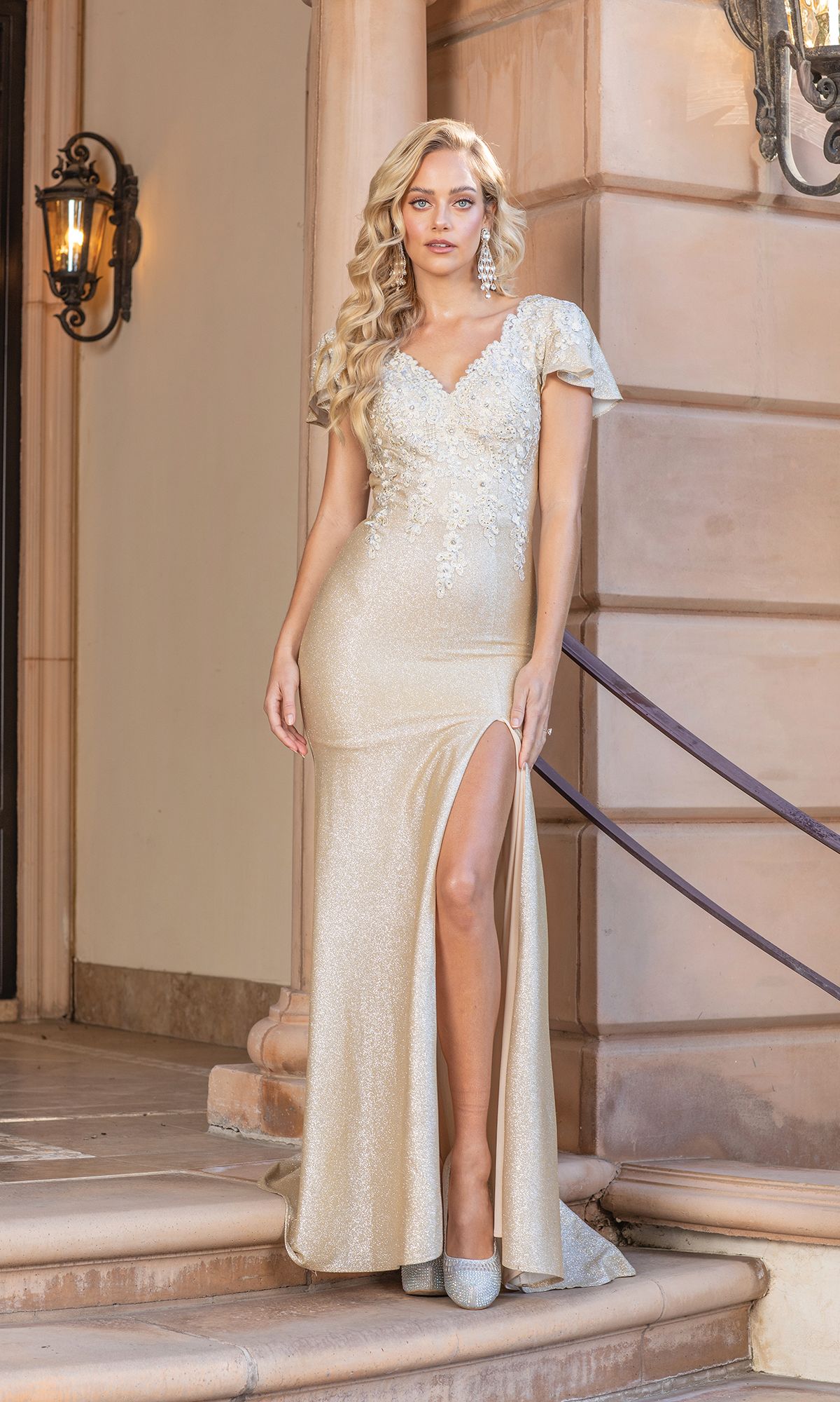 Gold Cape-Sleeve Long Glitter Formal Dress 4330
