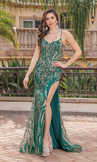 Hunter Green Sheer-Corset Long Glitter Prom Dress 4334