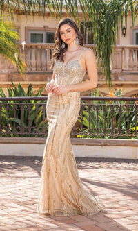 Gold Corset-Bodice Embellished Long Prom Dress 4340