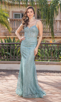 Sage Corset-Bodice Embellished Long Prom Dress 4340