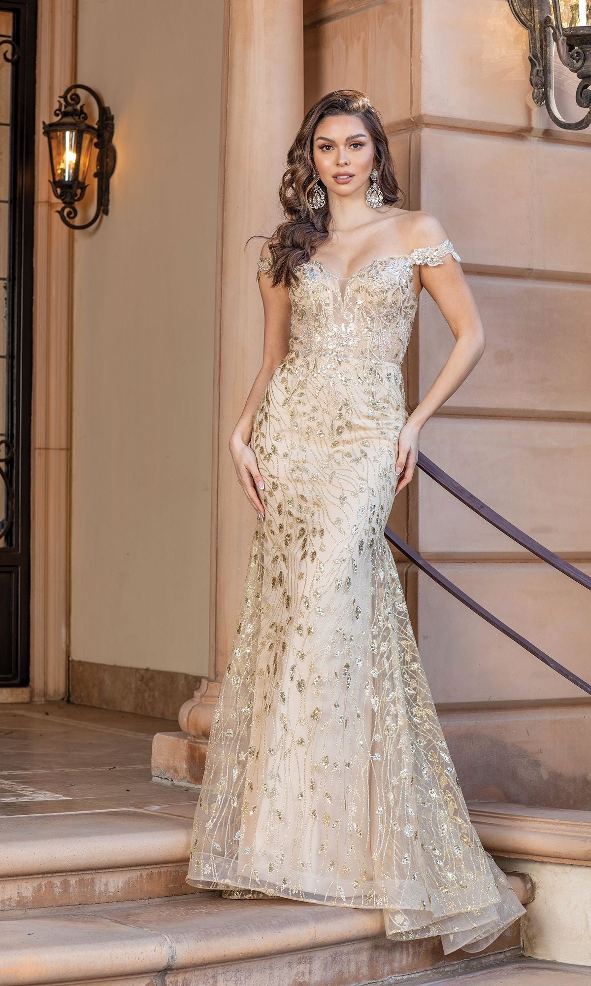 Gold Off-the-Shoulder Embellished Long Prom Dress 4343