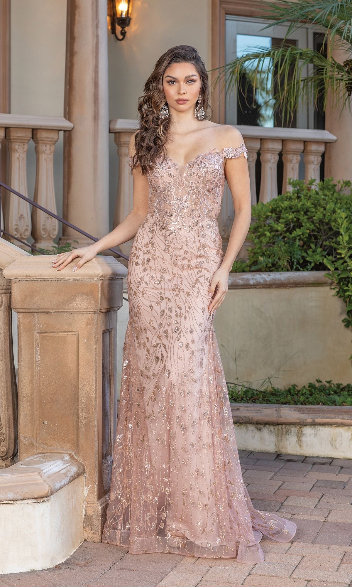 Rose Gold Off-the-Shoulder Embellished Long Prom Dress 4343