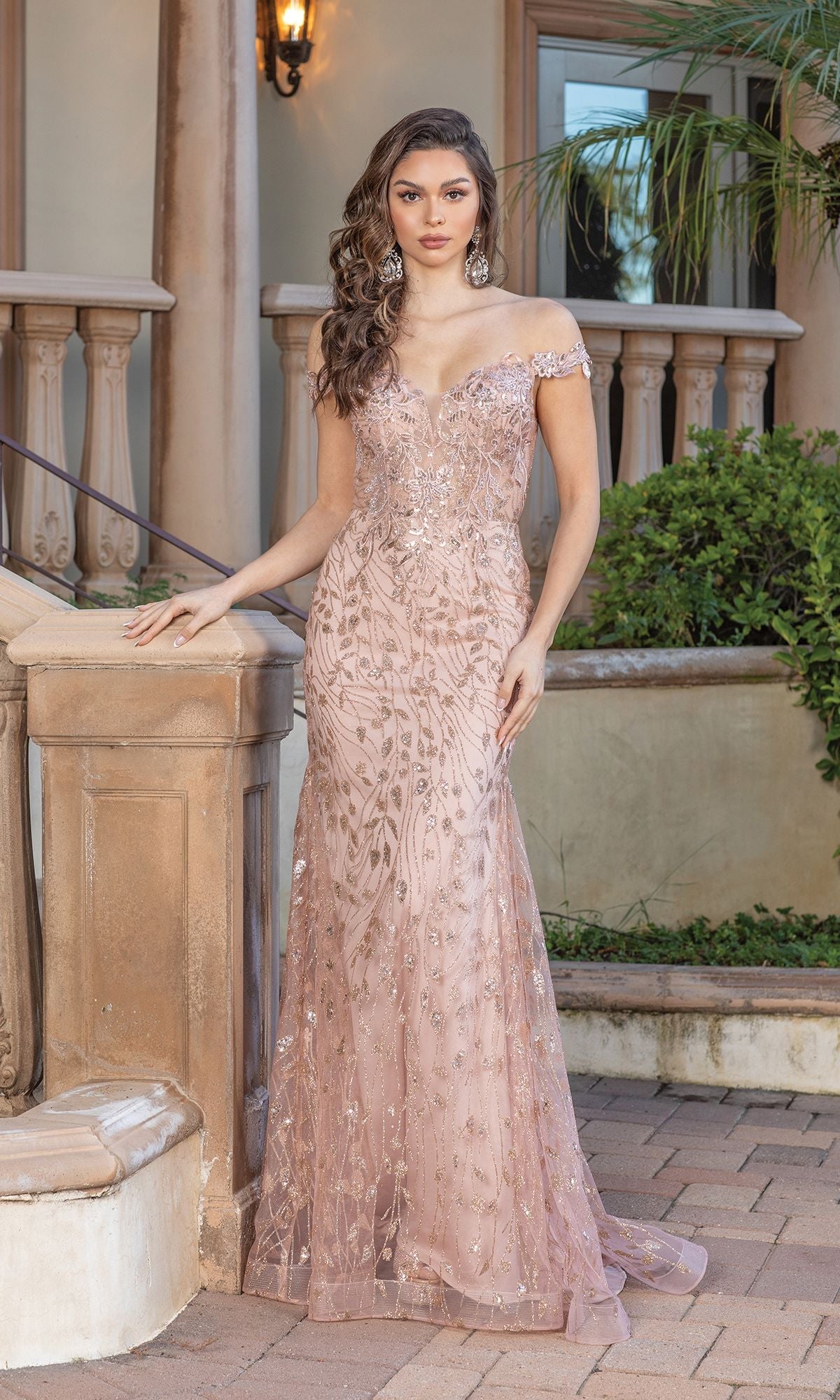 Off-The-Shoulder Glitter Long Prom Dress - PromGirl Rose Gold / XSmall Off-The-Shoulder Glitter Long Prom Dress - PromGirl Rose Gold / XSmall