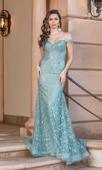 Sage Off-the-Shoulder Embellished Long Prom Dress 4343