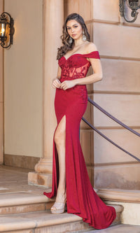 Burgundy Sheer-Corset Bodice Off-the-Shoulder Prom Dress