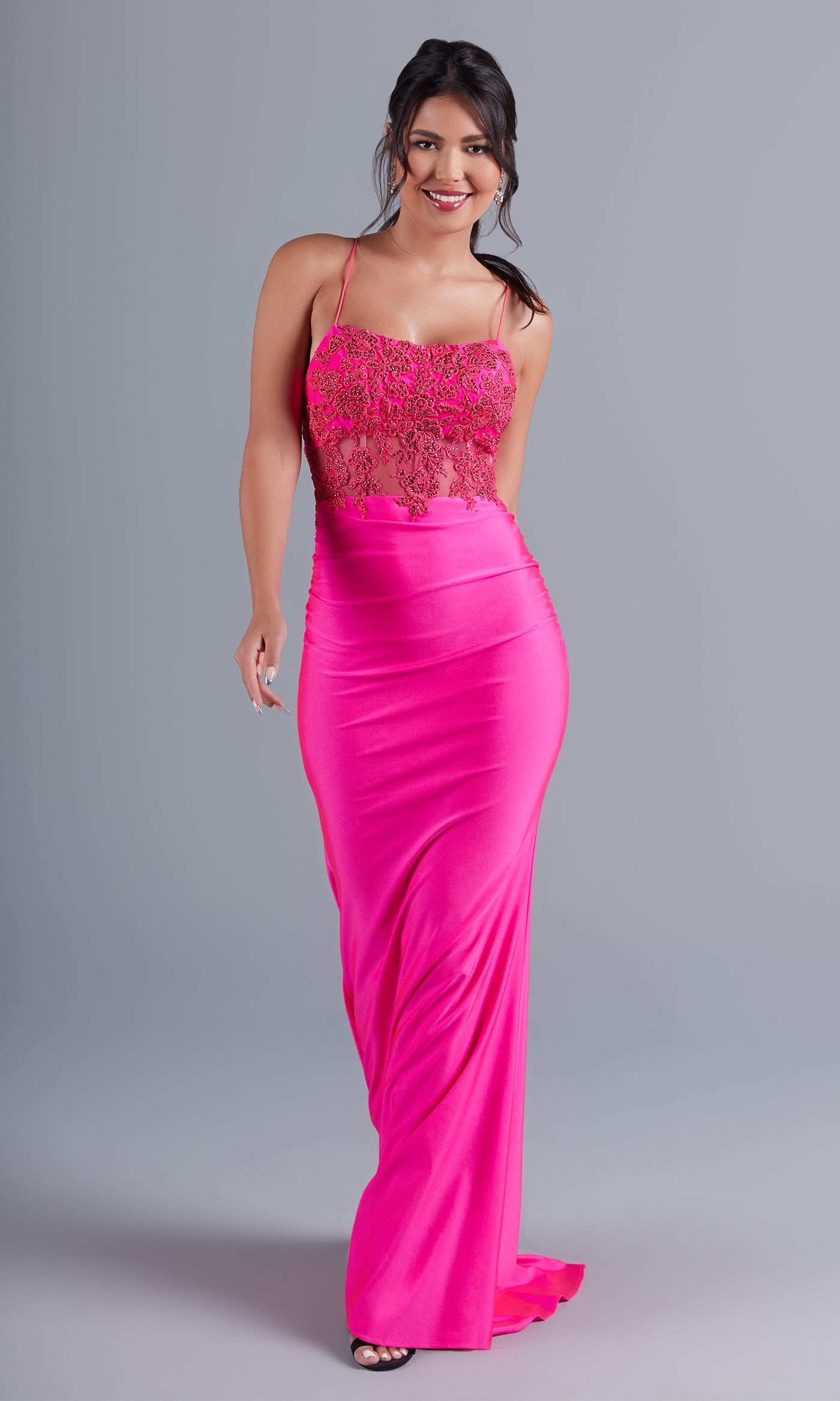 Hot Pink Hot Pink Long Formal Dress with Sheer Bodice