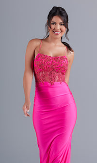  Hot Pink Long Formal Dress with Sheer Bodice