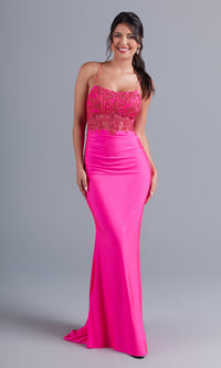  Hot Pink Long Formal Dress with Sheer Bodice