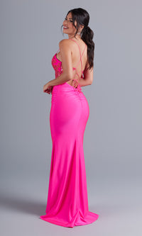  Hot Pink Long Formal Dress with Sheer Bodice