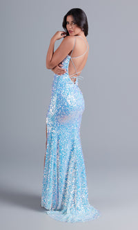  Long Blue Sequin Prom Dress with Strappy Open Back