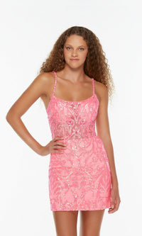 Neon Pink One-Sleeve Short Sequin Homecoming Dress 4534
