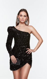 Black One-Sleeve Short Sequin Homecoming Dress 4539