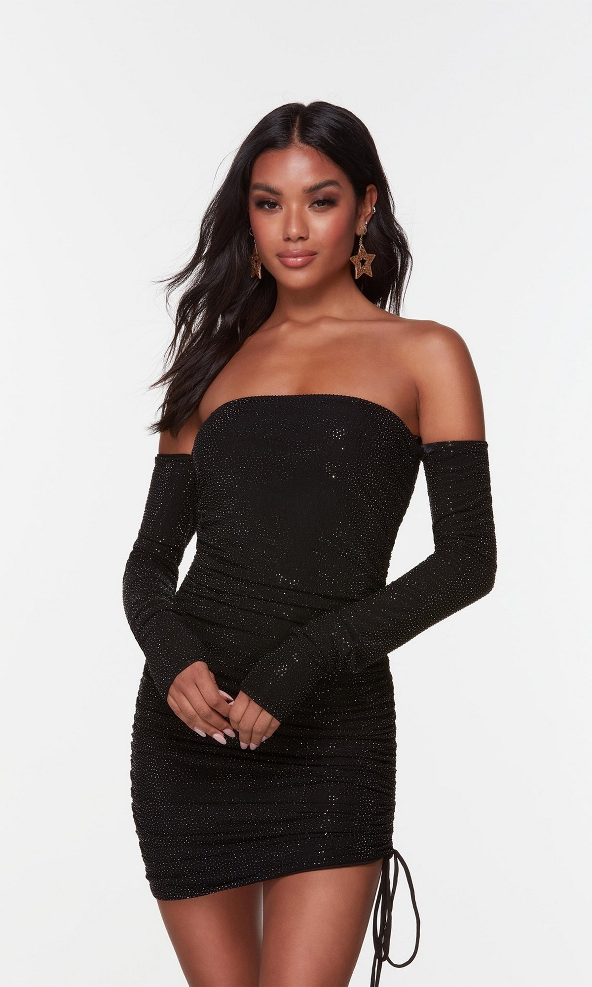 Off-Shoulder-Sleeved Black Homecoming Dress - PromGirl