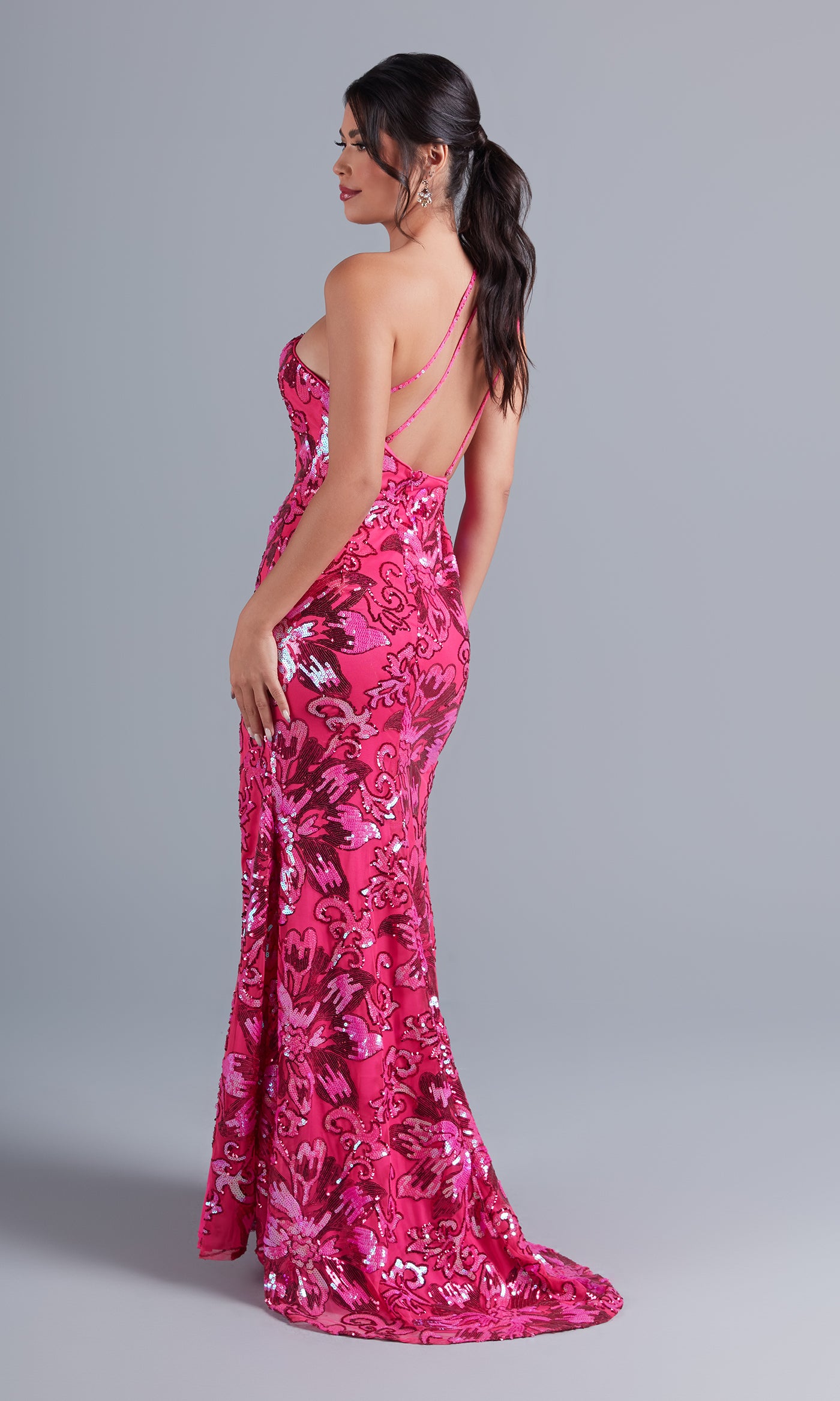  Hot Pink One-Shoulder Sequin Long Formal Dress