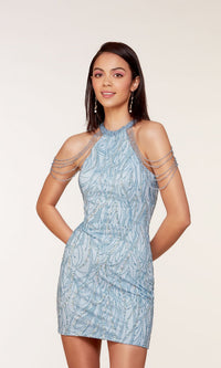 Glacier Blue Beaded Glitter-Tulle Short Homecoming Dress 4682