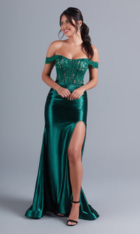 Emerald Off-Shoulder Emerald Green Long Prom Dress