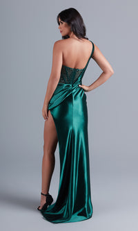  Dark Green Sheer-Bodice Long Satin Gown PK3005
