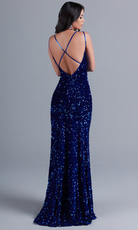  Sequin-Velvet Open-Back Long Formal Dress
