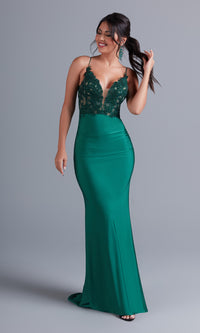Emerald Slinky Long Formal Dress with Sheer Lace Bodice