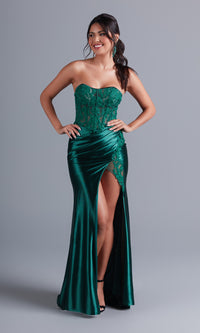  Dark Green Strapless Long Prom Dress with Lace