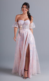Iridescent Blush Puff-Sleeve Blush Pink Long Sequin Formal Dress