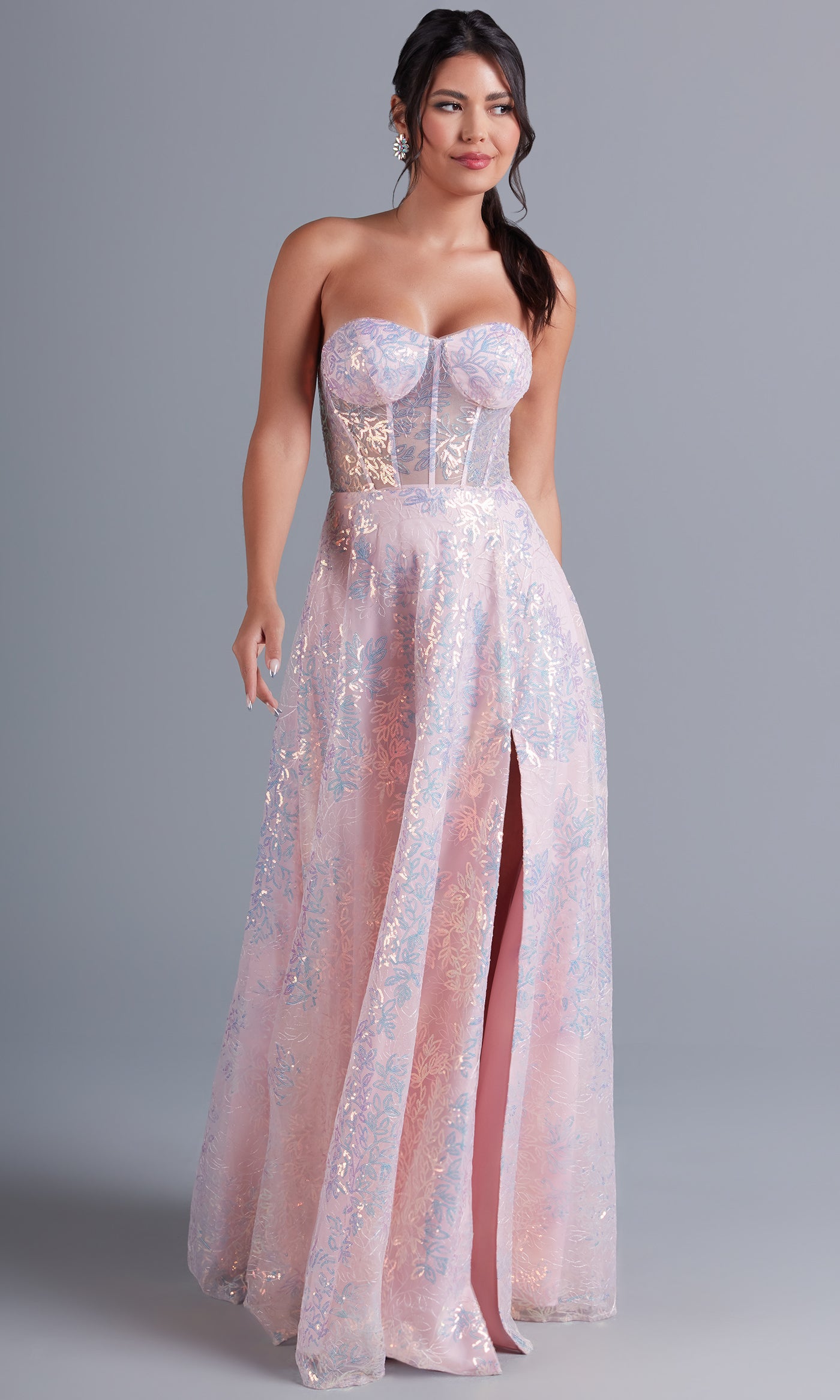  Puff-Sleeve Blush Pink Long Sequin Formal Dress