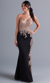 Black/Rose Gold Long Rose Gold Pink Prom Dress with Metallic Accents