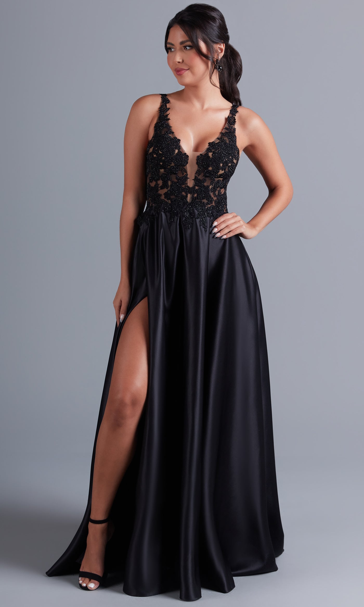  Long Black Formal Dress with Sheer Lace Bodice