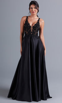  Long Black Formal Dress with Sheer Lace Bodice