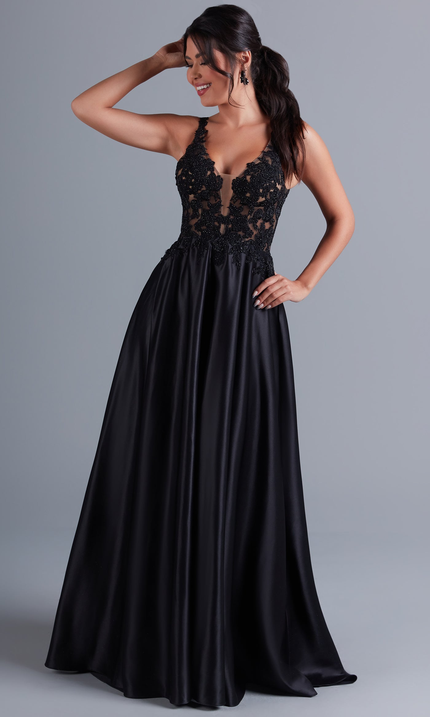 Sheer Lace Bodice Long Black A Line Formal Dress