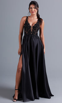  Long Black Formal Dress with Sheer Lace Bodice