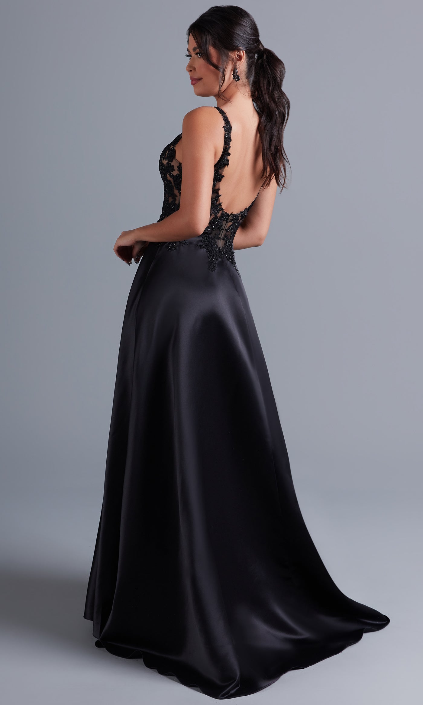  Long Black Formal Dress with Sheer Lace Bodice