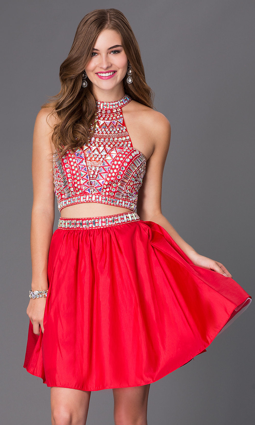 Red Short Jeweled Two-Piece Prom Dress