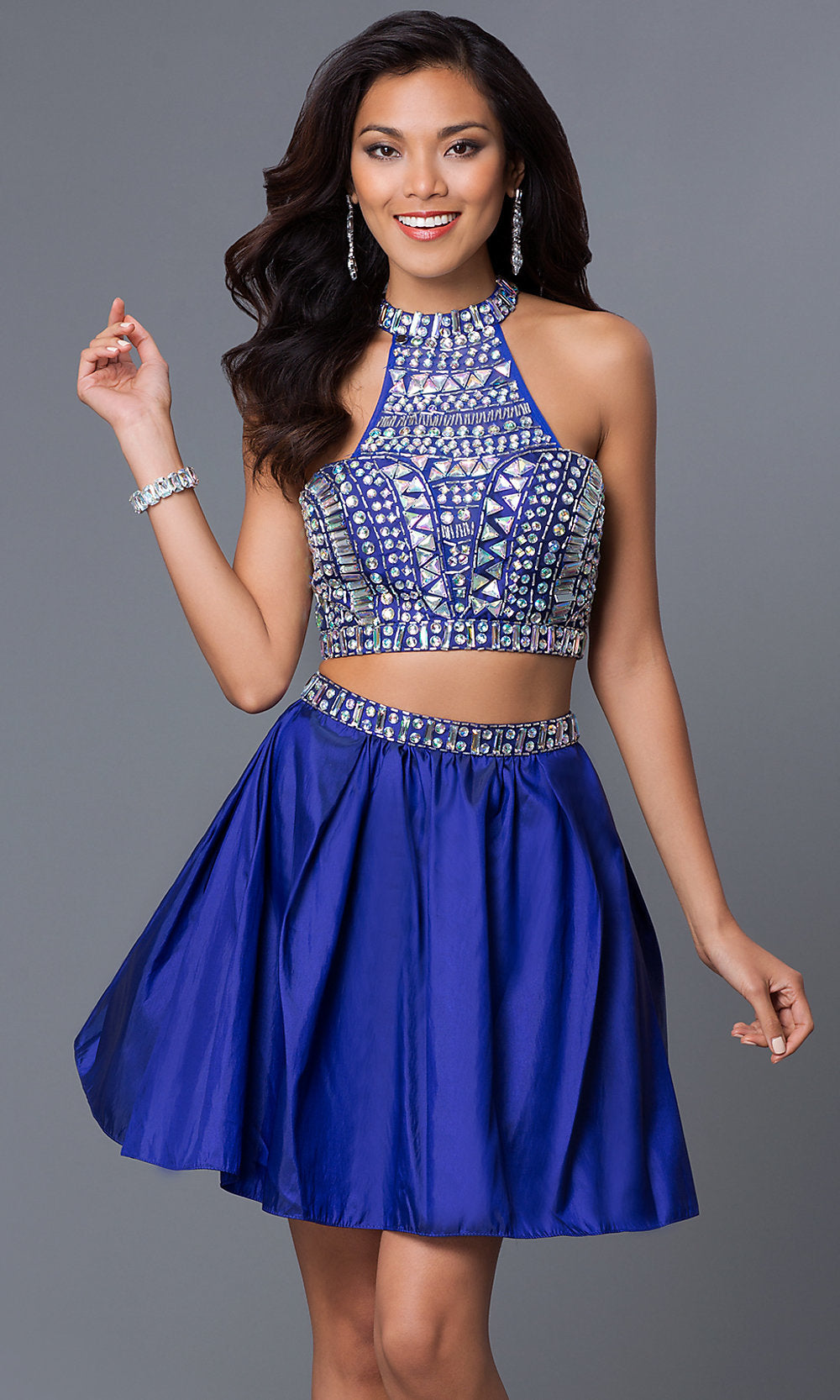 Royal Blue Short Jeweled Two-Piece Prom Dress