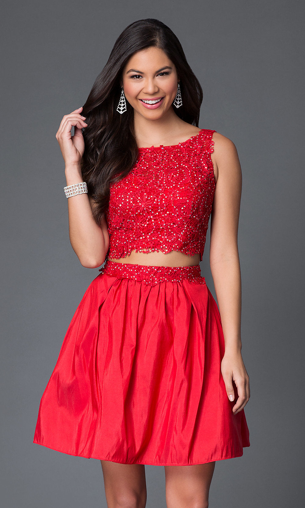 Red Short Two-Piece Party Dress with Lace Bodice