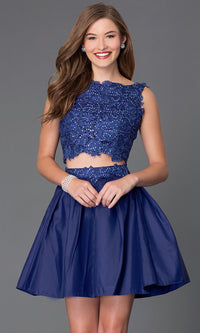 Royal Blue Short Two-Piece Party Dress with Lace Bodice